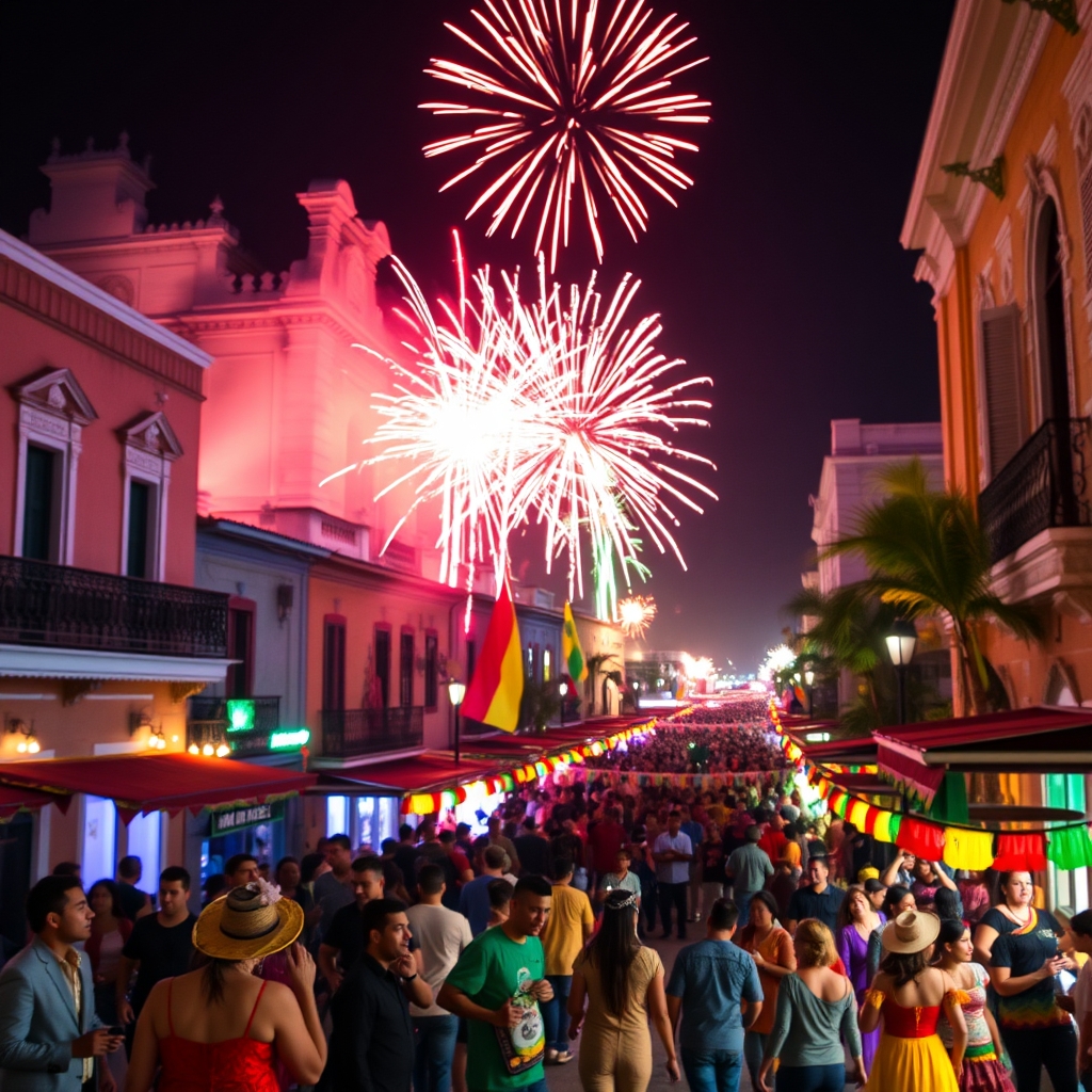 Celebracion tradicional de San Juan en Merida con fuegos artificiales y arquitectura colonial